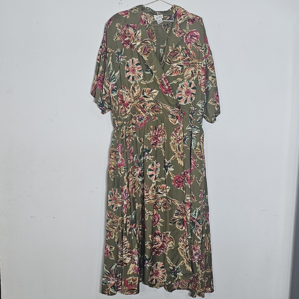 Vintage Together Floral Dress Sz 24W Olive Green Pink Rayon 1990s Boho Midi Wrap